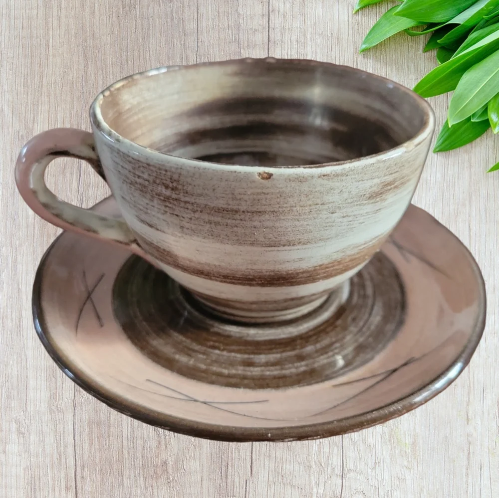 Vtg 1950s Stylized Spirals Brown & Pink SANTA ANITA Vreni Coffee Tea Cup Saucer